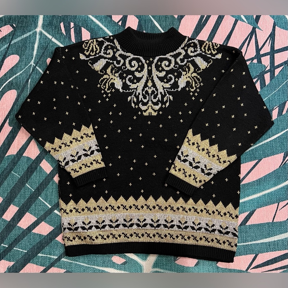 Vintage Trimmings Silver and Gold Metallic Embellished Knit Sweater